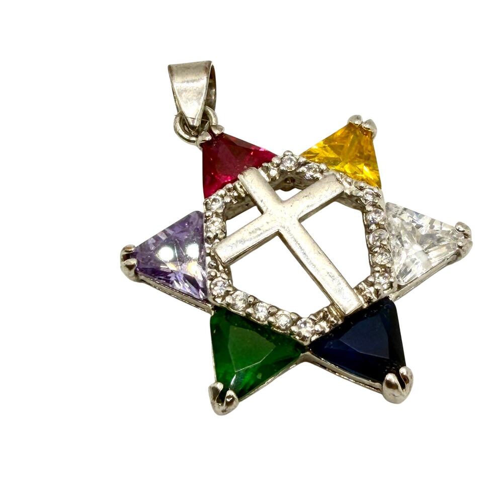Silver Multi Color Rhinestone Star of David Central Cross Halo Pendant